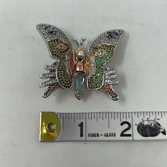 Butterfly Brooch Silver Tone Multicolored Rhinestone Gemstones - Picture 13 of 13